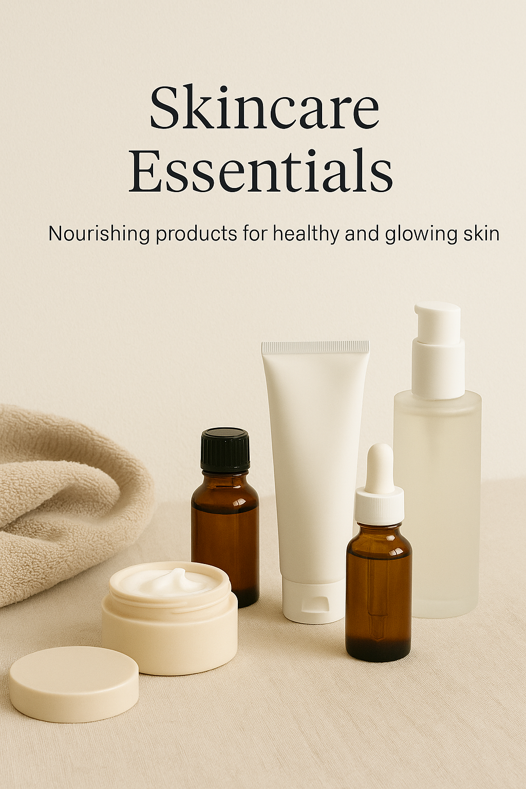 Luxury skincare product set including serum, cream, and essential oils on a beige background.