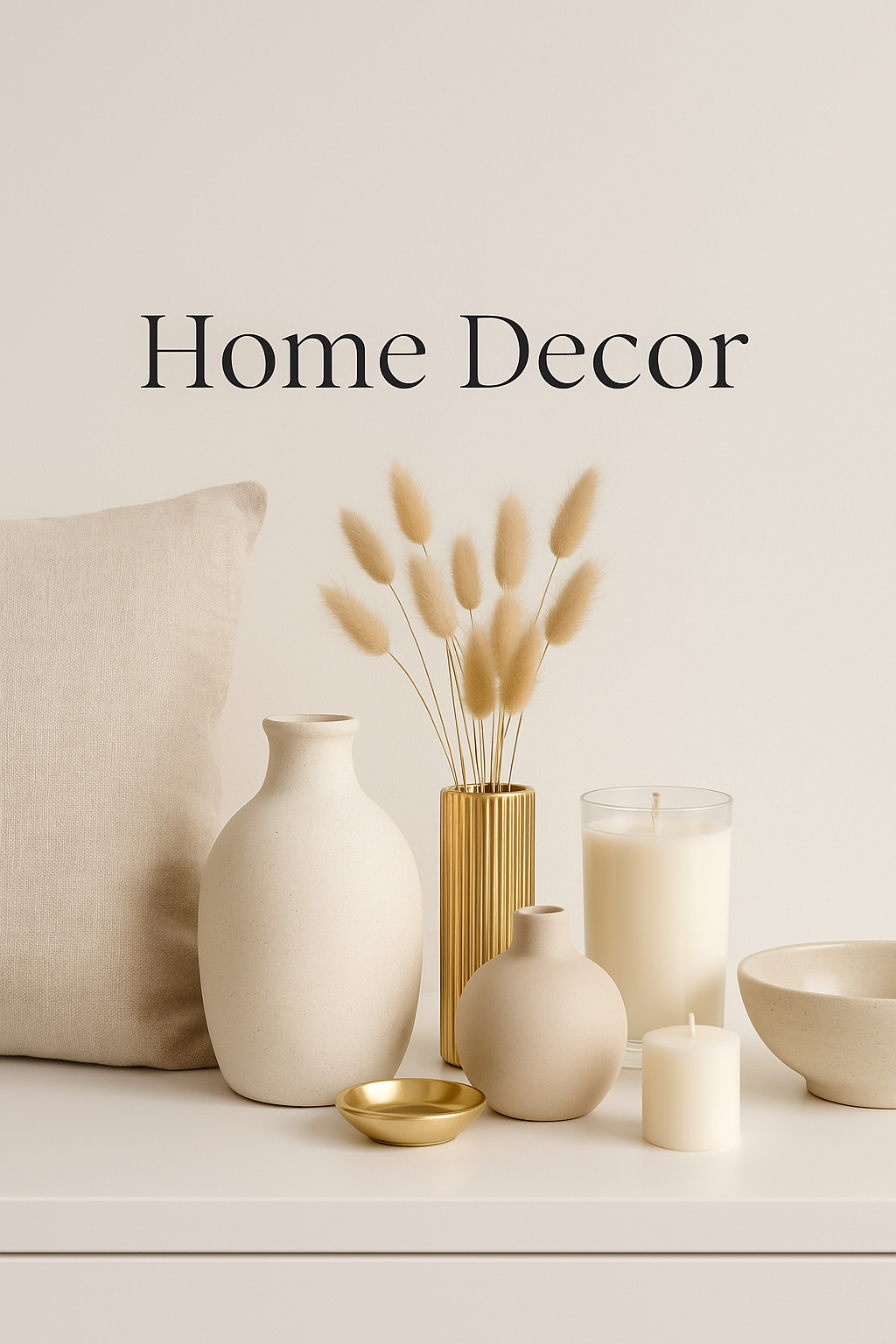 Minimalist ceramic vase and modern beige interior decor displayed on a white pedestal for a luxury home setting.